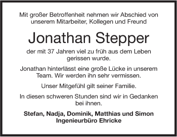 Traueranzeige von Jonathan Stepper von NWZ Neue Württembergische Zeitung