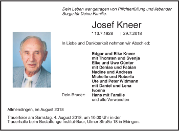 Traueranzeige von Josef Kneer von SÜDWEST PRESSE Ausgabe Ulm/Neu-Ulm