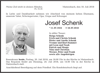 Traueranzeige von Josef Schenk von Hohenloher Tagblatt