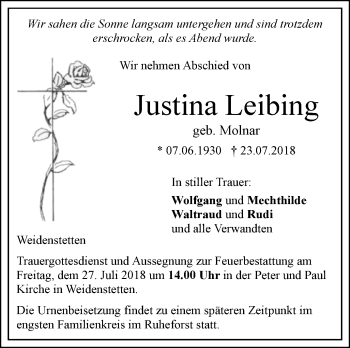 Traueranzeige von Justina Leibing von SÜDWEST PRESSE Ausgabe Ulm/Neu-Ulm