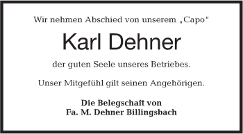 Traueranzeige von Karl Dehner von Hohenloher Tagblatt