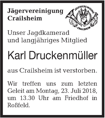 Traueranzeige von Karl Druckenmüller von Hohenloher Tagblatt