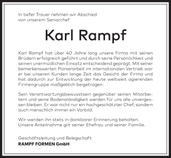 Traueranzeige von Karl Rampf von SÜDWEST PRESSE Ausgabe Ulm/Neu-Ulm