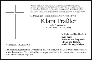 Traueranzeige von Klara Praßler von Hohenloher Tagblatt