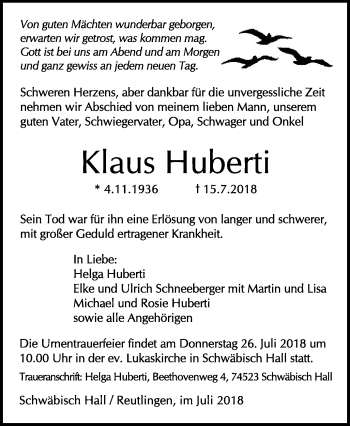 Traueranzeige von Klaus Huberti von Haller Tagblatt