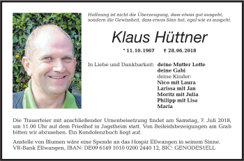 Traueranzeige von Klaus Hüttner von Hohenloher Tagblatt