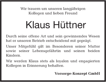 Traueranzeige von Klaus Hüttner von Hohenloher Tagblatt