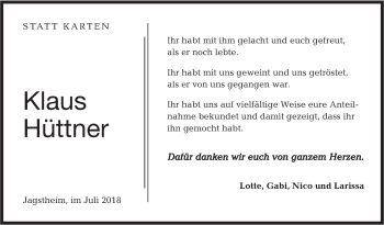 Traueranzeige von Klaus Hüttner von Hohenloher Tagblatt