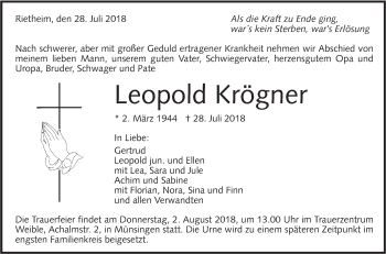 Traueranzeige von Leopold Krögner von Alb-Bote/Metzinger-Uracher Volksblatt