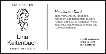 Traueranzeige von Lina Kaltenbach von Hohenloher Tagblatt