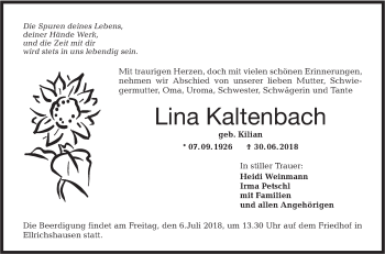 Traueranzeige von Lina Kaltenbach von Hohenloher Tagblatt