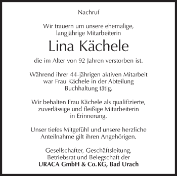 Traueranzeige von Lina Kächele von Metzinger-Uracher Volksblatt