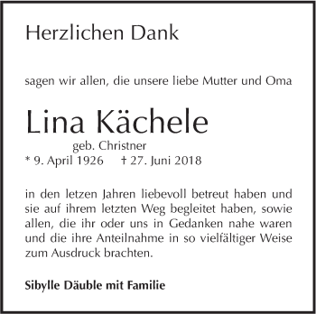 Traueranzeige von Lina Kächele von Alb-Bote/Metzinger-Uracher Volksblatt