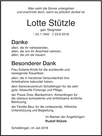 Traueranzeige von Lotte Stützle von Ehinger Tagblatt