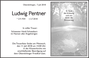 Traueranzeige von Ludwig Pentner von SÜDWEST PRESSE Ausgabe Ulm/Neu-Ulm