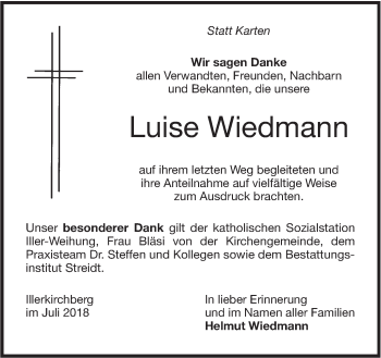 Traueranzeige von Luise Wiedmann von SÜDWEST PRESSE Ausgabe Ulm/Neu-Ulm