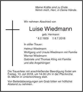 Traueranzeige von Luise Wiedmann von SÜDWEST PRESSE Ausgabe Ulm/Neu-Ulm