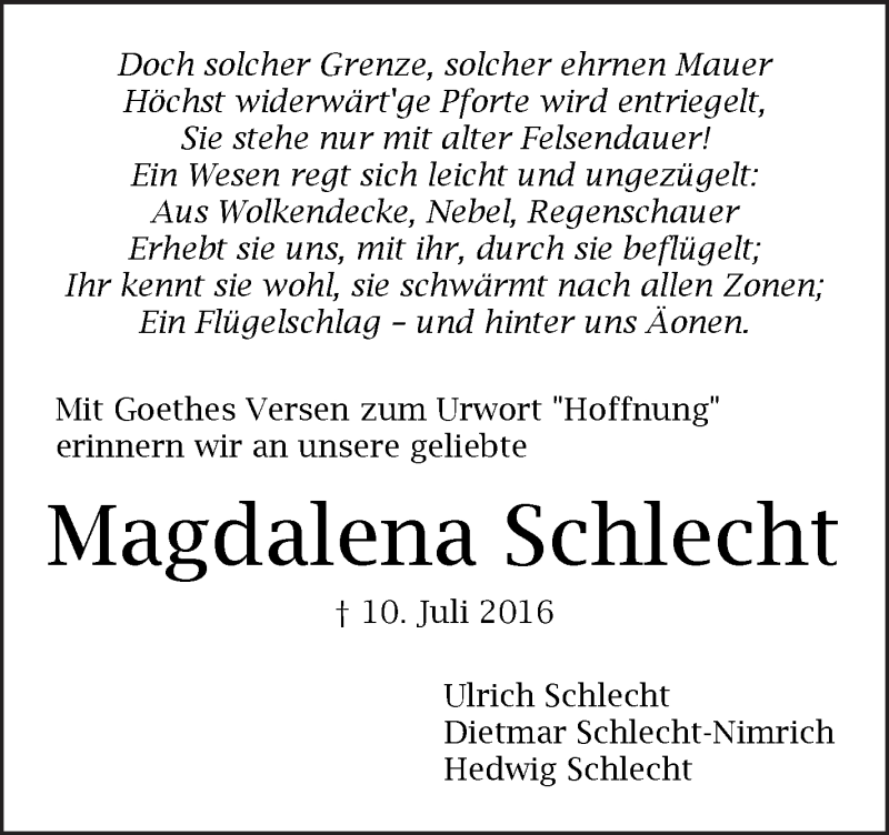  Traueranzeige für Magdalena Schlecht vom 10.07.2018 aus Geislinger Zeitung