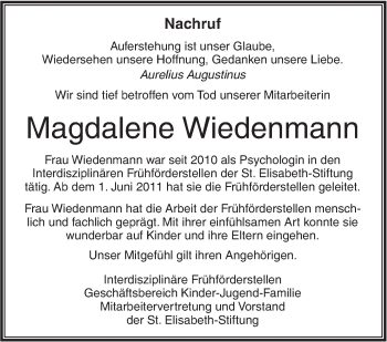 Traueranzeige von Magdalene Wiedenmann von SÜDWEST PRESSE Ausgabe Ulm/Neu-Ulm