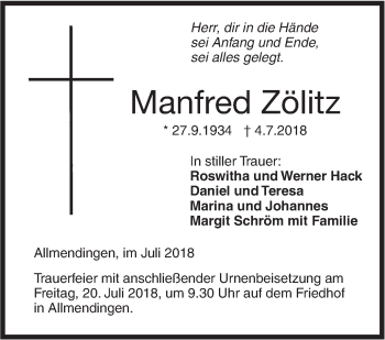 Traueranzeige von Manfred Zölitz von Ehinger Tagblatt