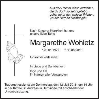 Traueranzeige von Margarethe Wohletz von SÜDWEST PRESSE Ausgabe Ulm/Neu-Ulm