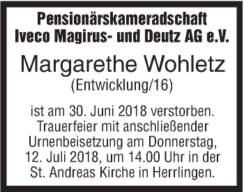 Traueranzeige von Margarethe Wohletz von SÜDWEST PRESSE Ausgabe Ulm/Neu-Ulm