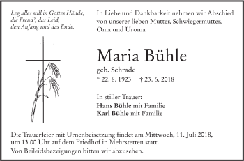 Traueranzeige von Maria Bühle von Alb-Bote/Metzinger-Uracher Volksblatt