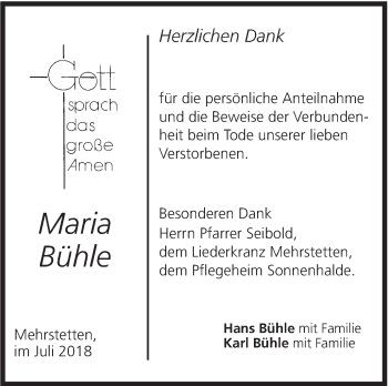 Traueranzeige von Maria Bühle von Alb-Bote/Metzinger-Uracher Volksblatt