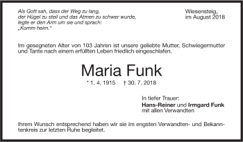 Traueranzeige von Maria Funk von Geislinger Zeitung