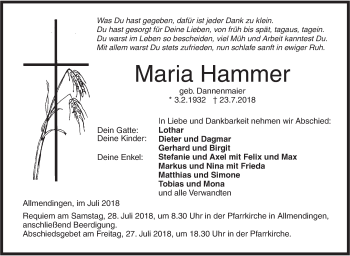 Traueranzeige von Maria Hammer von Ehinger Tagblatt