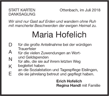 Traueranzeige von Maria Hofelich von NWZ Neue Württembergische Zeitung