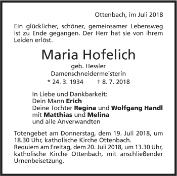 Traueranzeige von Maria Hofelich von NWZ Neue Württembergische Zeitung