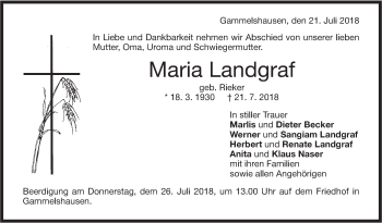 Traueranzeige von Maria Landgraf von NWZ Neue Württembergische Zeitung