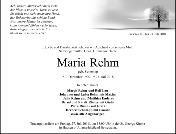 Traueranzeige von Maria Rehm von SÜDWEST PRESSE Ausgabe Ulm/Neu-Ulm