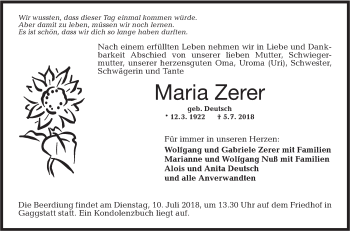 Traueranzeige von Maria Zerer von Hohenloher Tagblatt