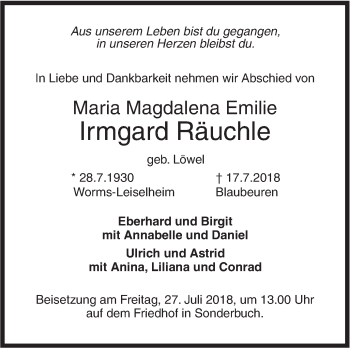 Traueranzeige von Maria Magdalena Emilie Irmgard Räuchle von SÜDWEST PRESSE