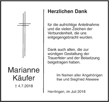 Traueranzeige von Marianne Käufer von SÜDWEST PRESSE Ausgabe Ulm/Neu-Ulm