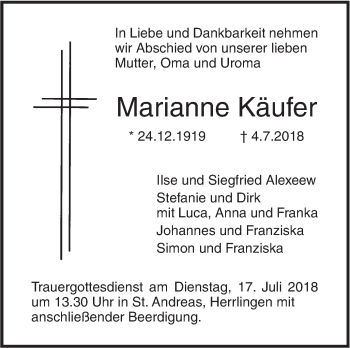 Traueranzeige von Marianne Käufer von SÜDWEST PRESSE Ausgabe Ulm/Neu-Ulm