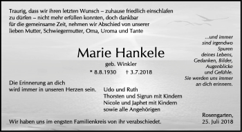 Traueranzeige von Marie Hankele von Haller Tagblatt