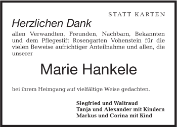 Traueranzeige von Marie Hankele von Haller Tagblatt