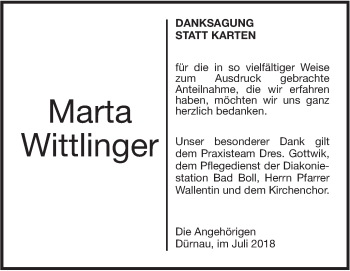 Traueranzeige von Marta Wittlinger von NWZ Neue Württembergische Zeitung