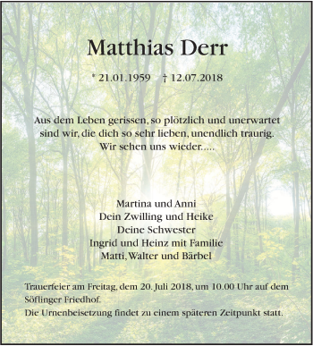 Traueranzeige von Matthias Derr von SÜDWEST PRESSE Ausgabe Ulm/Neu-Ulm