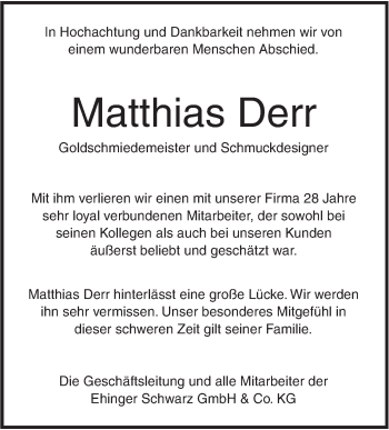 Traueranzeige von Matthias Derr von SÜDWEST PRESSE Ausgabe Ulm/Neu-Ulm