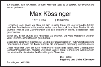 Traueranzeige von Max Kössinger von SÜDWEST PRESSE Ausgabe Ulm/Neu-Ulm