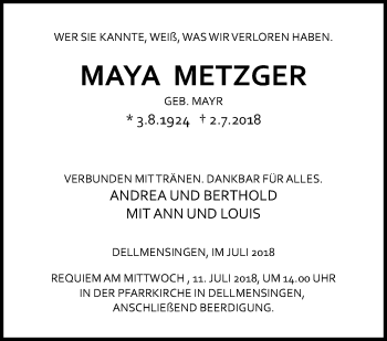 Traueranzeige von Maya Metzger von SÜDWEST PRESSE Ausgabe Ulm/Neu-Ulm