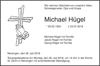 Traueranzeige von Michael Hügel von SÜDWEST PRESSE Ausgabe Ulm/Neu-Ulm