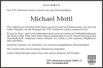 Traueranzeige von Michael Mottl von Rundschau Gaildorf