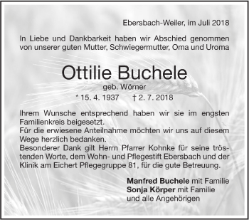 Traueranzeige von Ottilie Buchele von NWZ Neue Württembergische Zeitung