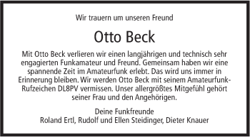 Traueranzeige von Otto Beck von Metzinger-Uracher Volksblatt