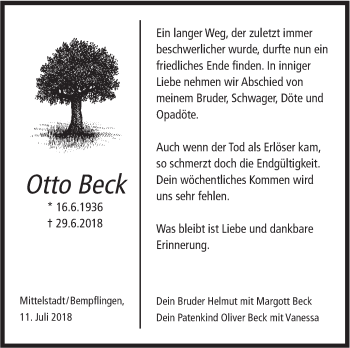 Traueranzeige von Otto Beck von Metzinger-Uracher Volksblatt